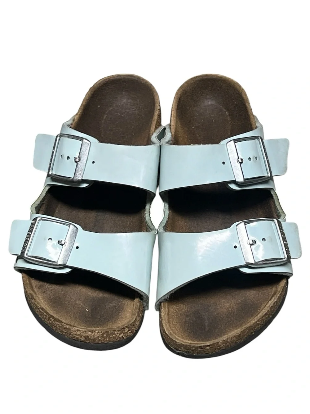 Birkenstock Arizona light blue patent leather two strap sandals